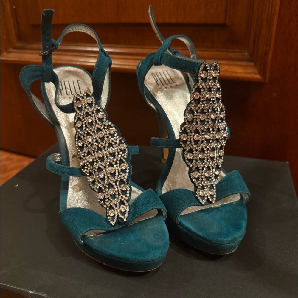 Pelle Moda Teal Heels with Rhinestone Accents